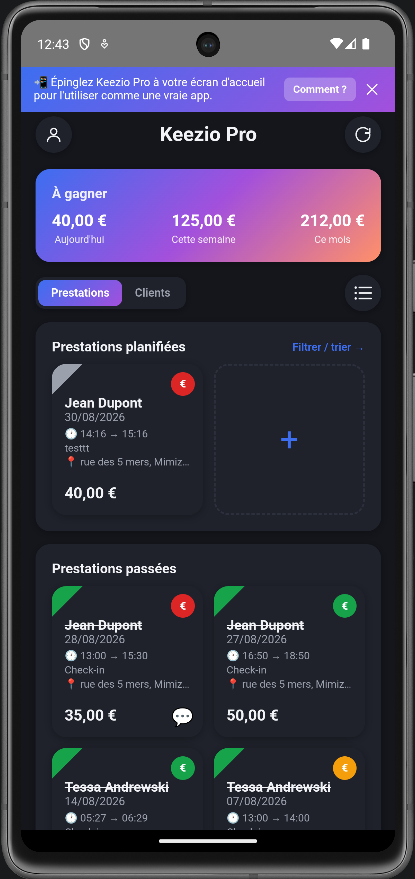 Écran d'accueil de l'app mobile Keezio Pro Compagnon